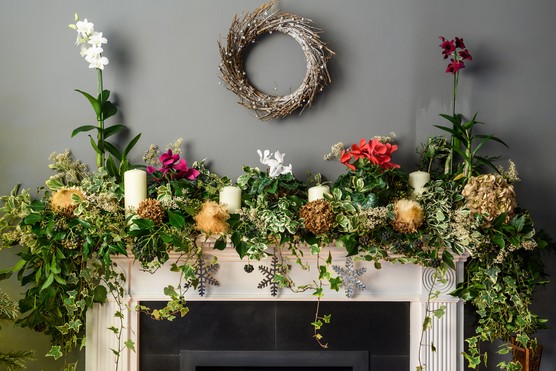 Mantelpiece garland using items foraged in the garden