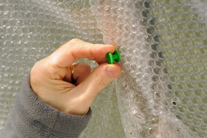 Pinning overlapping layers of bubble-wrap to the wooden frame of a greenhouse